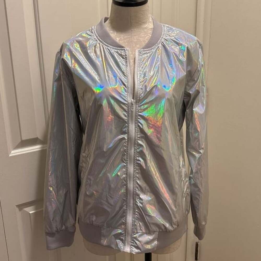 Holographic Silver Zip Up Bomber Jacket
